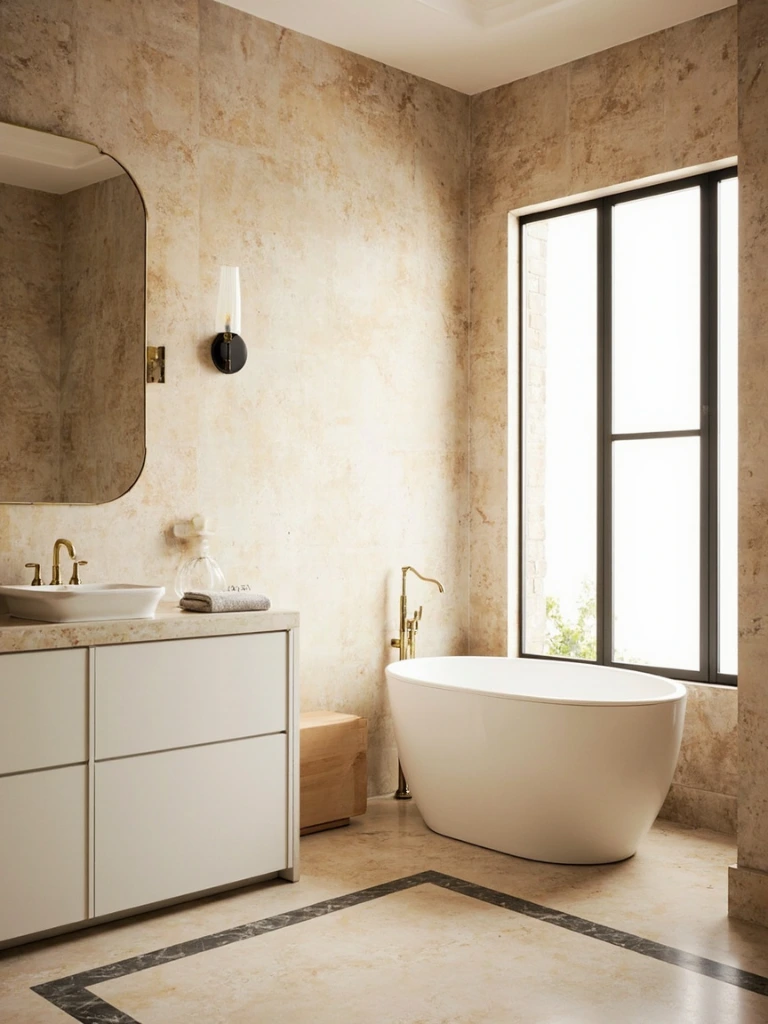 Quiet Luxury bathroom in travertine and brass